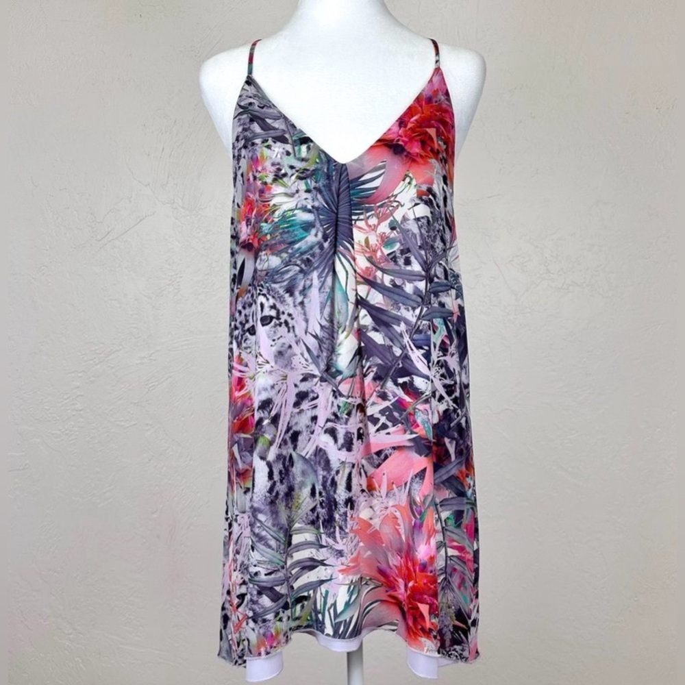 Alice + Olivia Fierra Silk Snow Leopard & Tropical Floral Print Mini Dress S